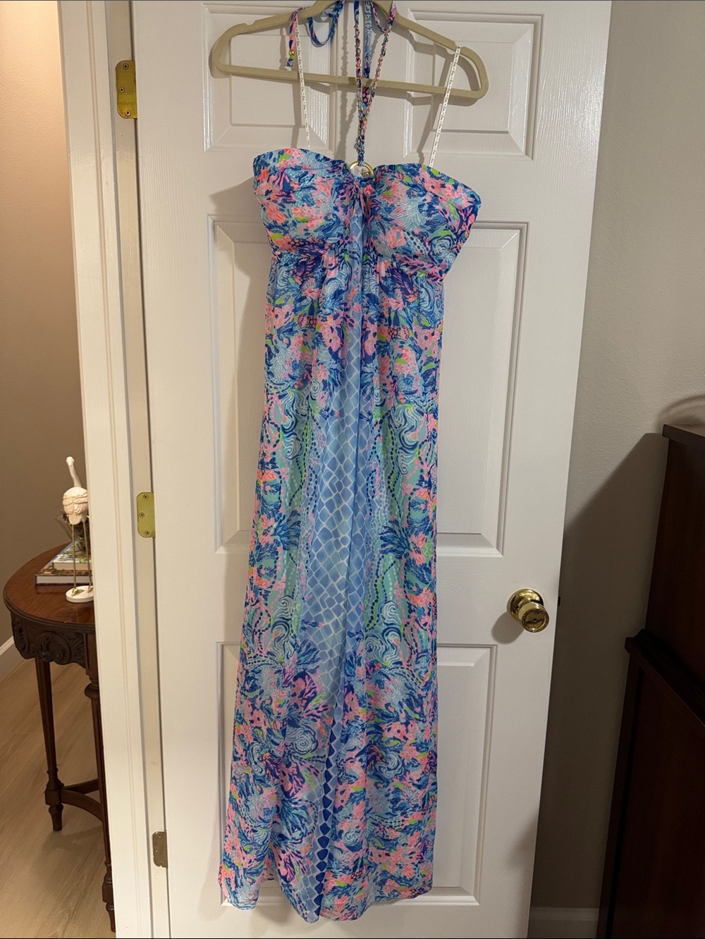 Lilly Pulitzer Blue Pink Green Floral Halter Maxi Dress